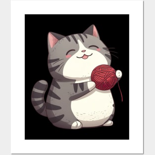 Kawaii Cat and a Ball of Yarn Posters and Art